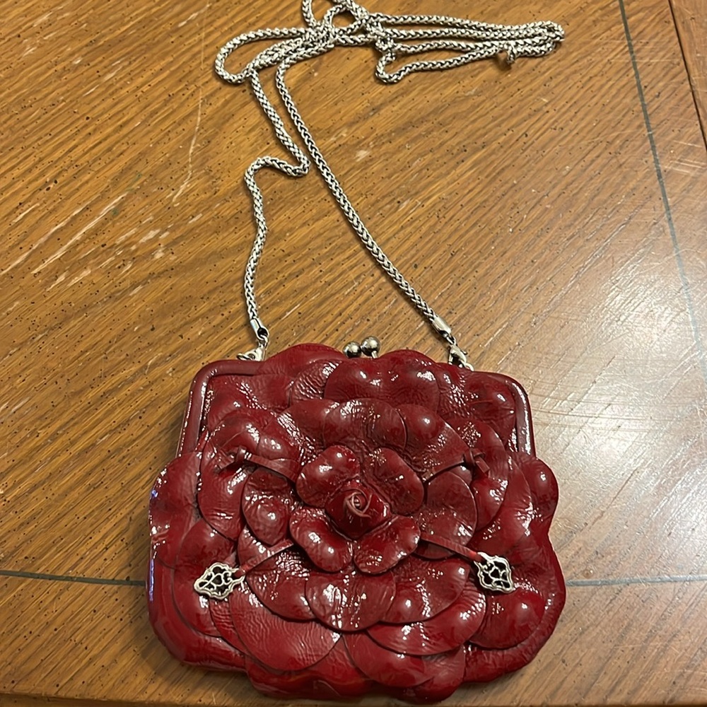 Brighton Red Floral Leather Mini Crossbody with Silver Chain